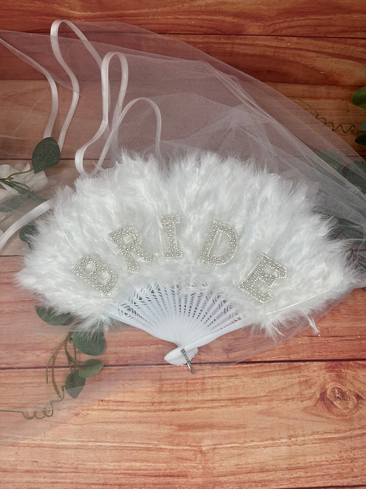 BRIDE WHITE FEATHER FAN WITH FAUX CRYSTAL LETTERS