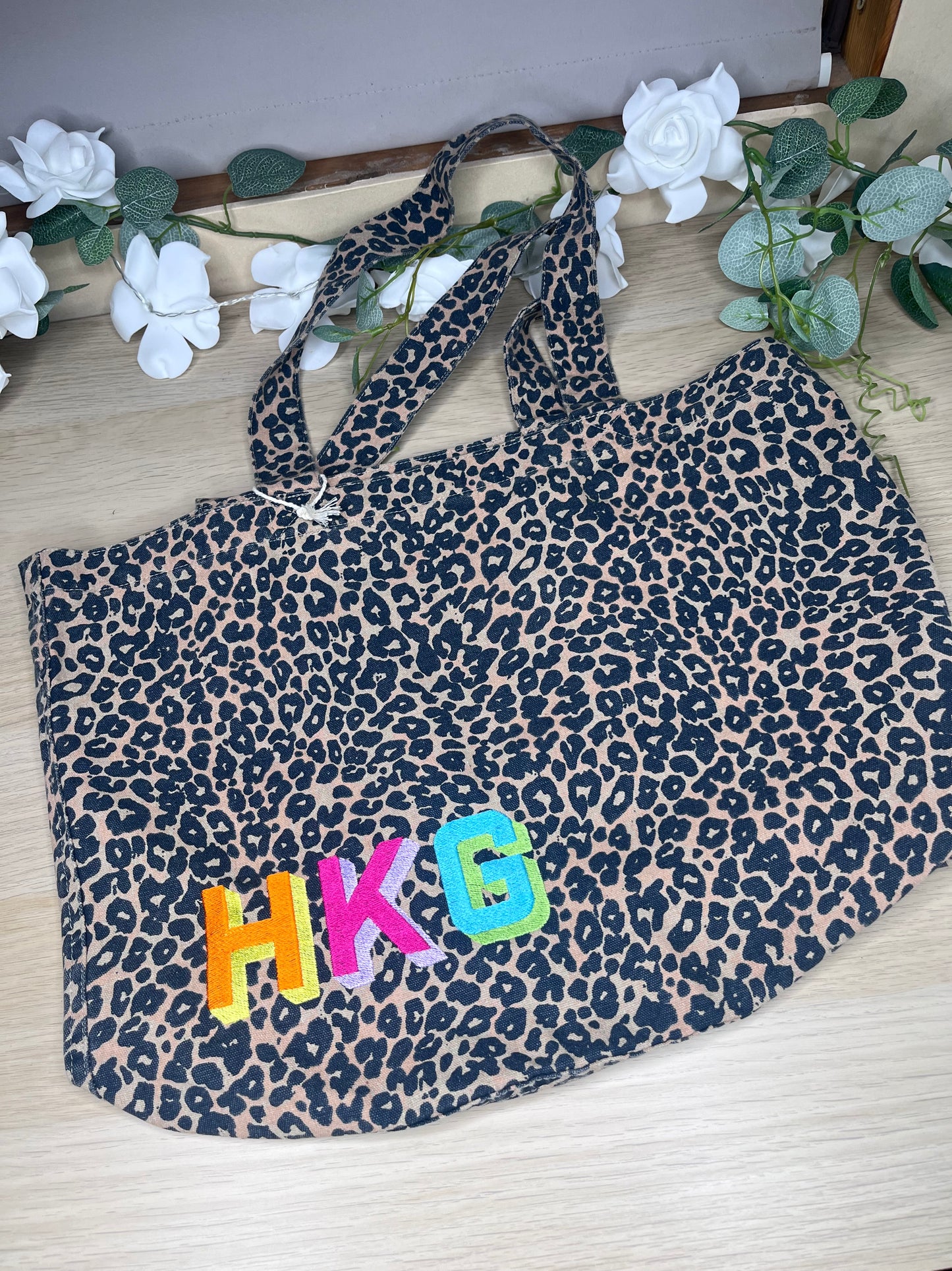 EMBROIDERED PERSONALISED LEOPARD PRINT CANVAS BAG MEDIUM