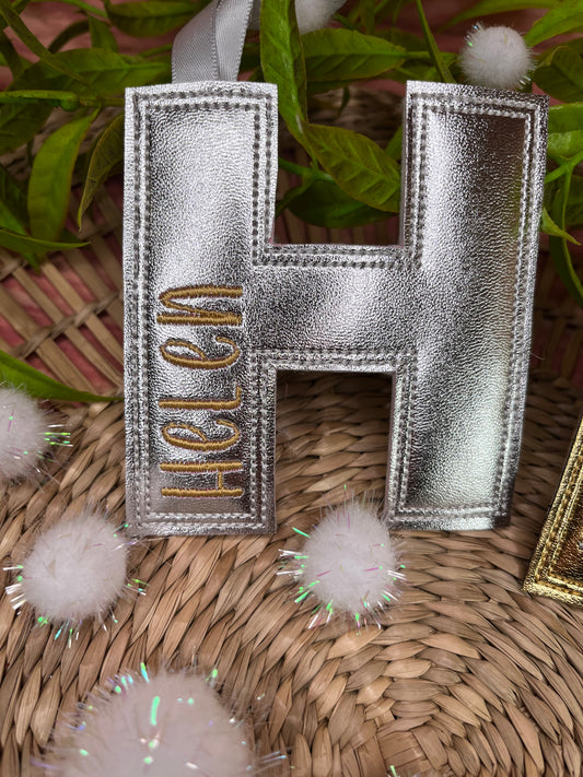 PERSONALISED EMBROIDERED FAUX LEATHER STOCKING TAG TREE DECORATION