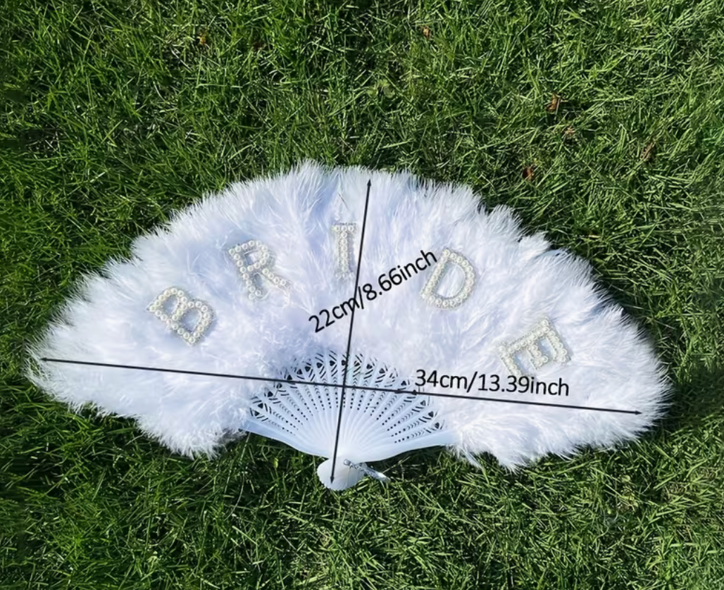 BRIDE WHITE FEATHER FAN WITH FAUX CRYSTAL LETTERS