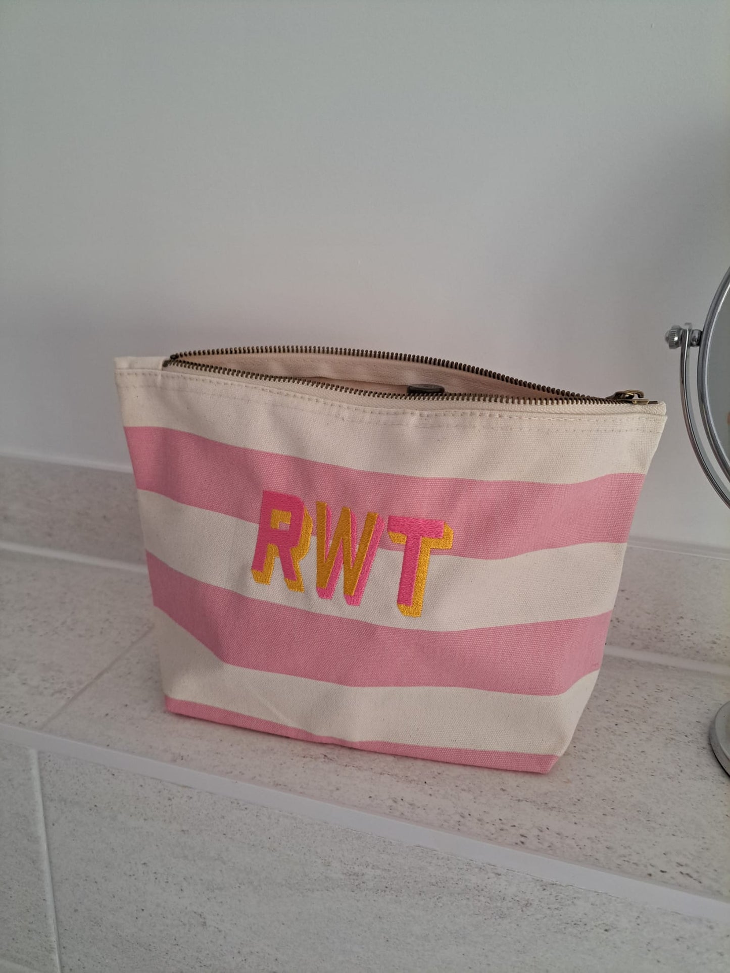 EMBROIDERED SHADOW FONT STRIPE CANVAS INITIAL POUCH