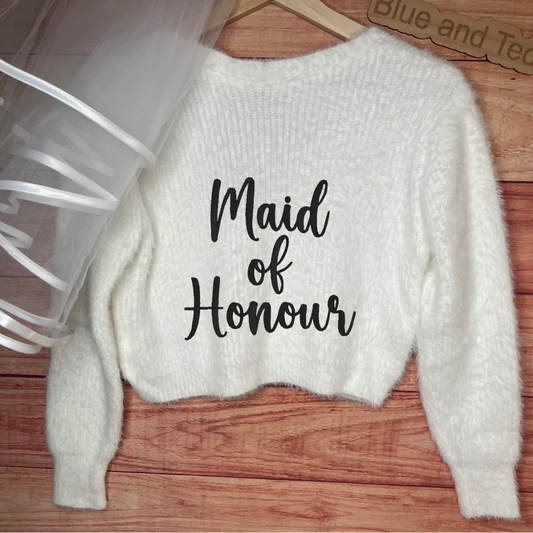 BRIDAL MAID OF HONOUR PERSONALISED EMBROIDERED FLUFFY CROP CARDIGAN