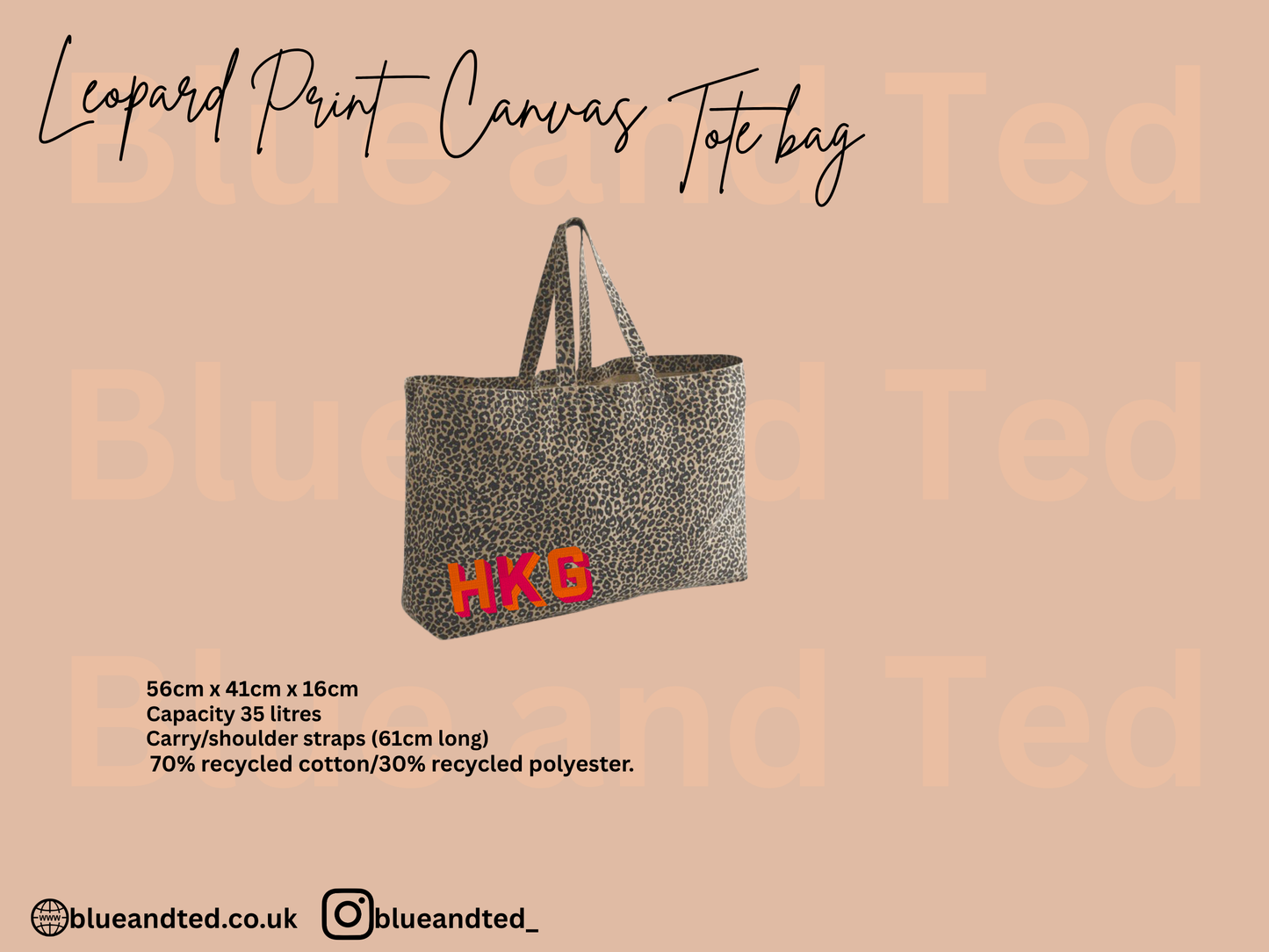 EMBROIDERED PERSONALISED LEOPARD PRINT CANVAS SHOPPER LARGE