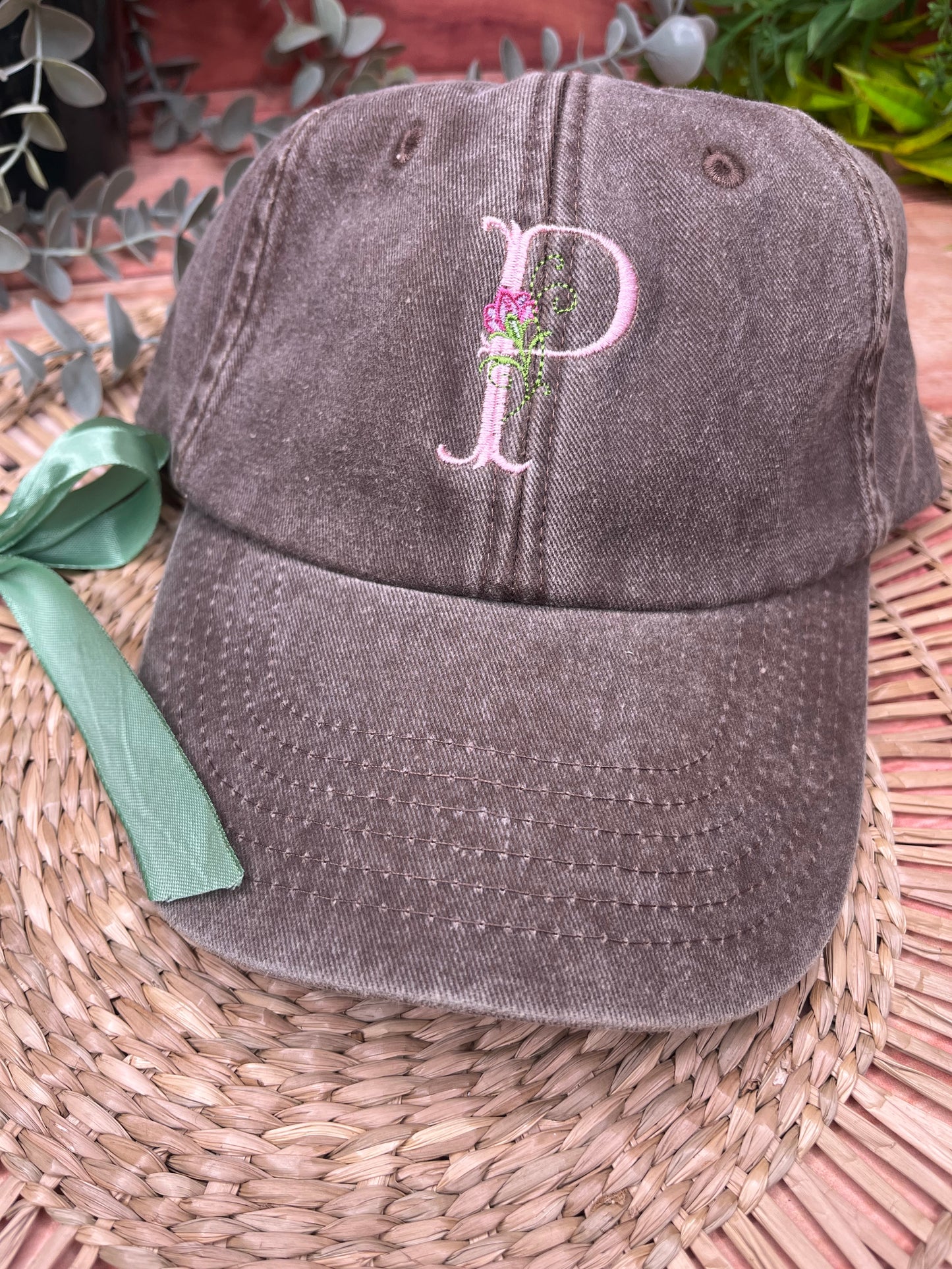 EMBROIDERED FLORAL INITIAL CAP