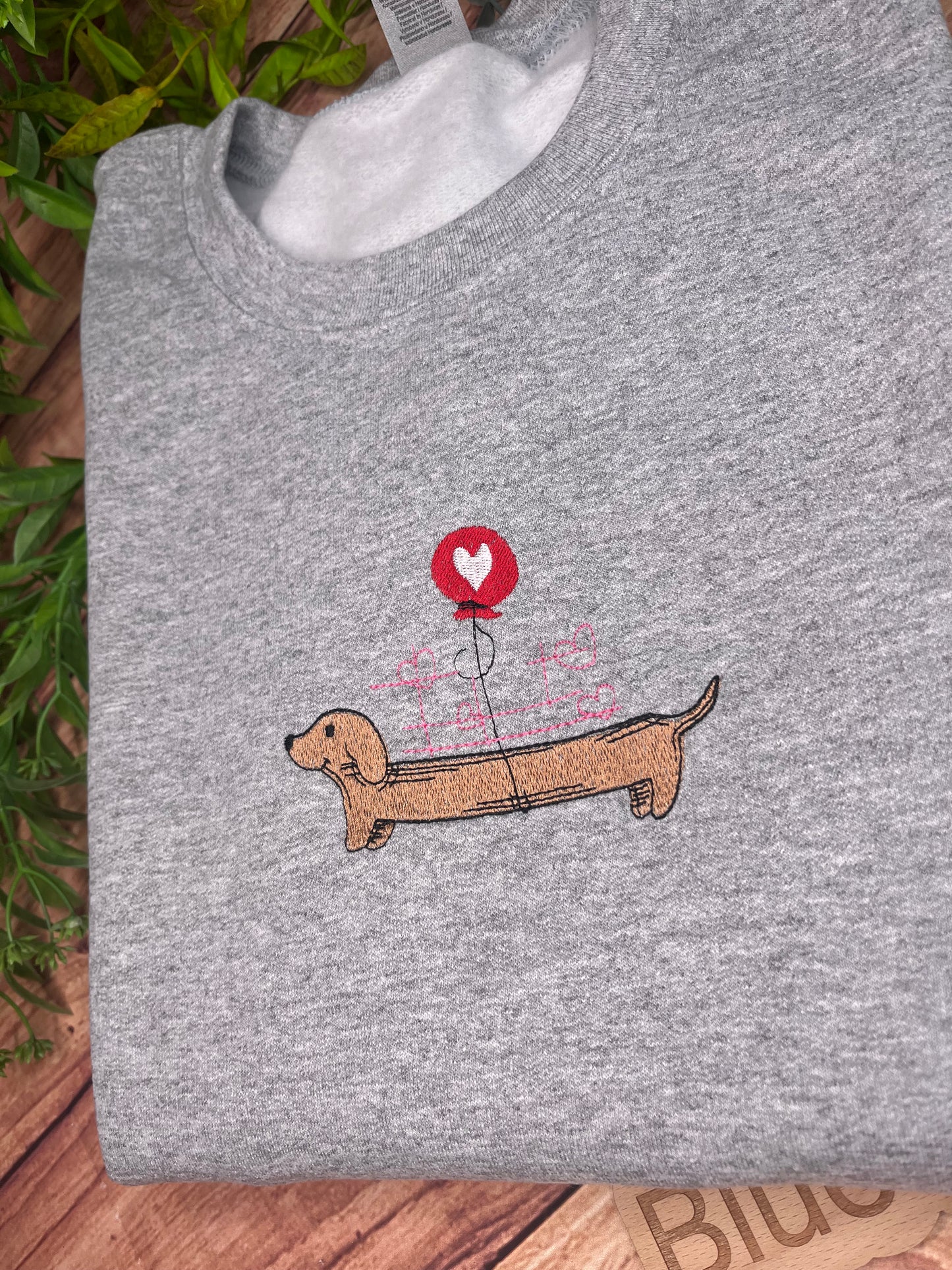 DACHSHUND SAUSAGE DOG HEART BALLOON EMBROIDERED SWEATSHIRT