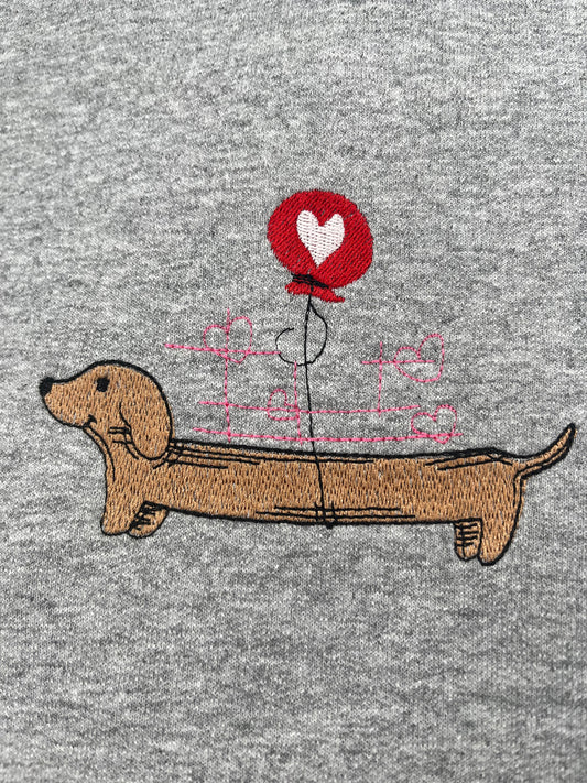 DACHSHUND SAUSAGE DOG HEART BALLOON EMBROIDERED SWEATSHIRT