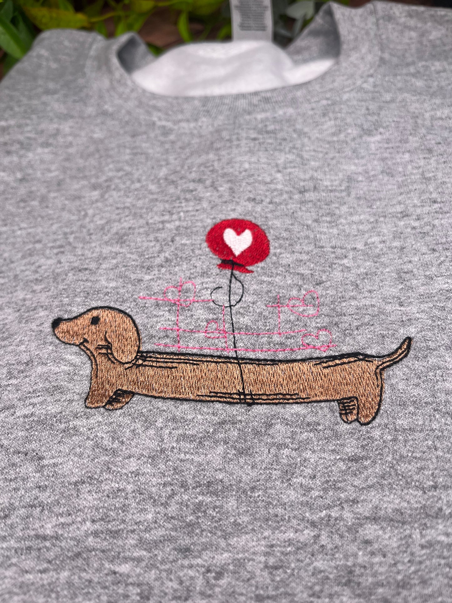 DACHSHUND SAUSAGE DOG HEART BALLOON EMBROIDERED SWEATSHIRT