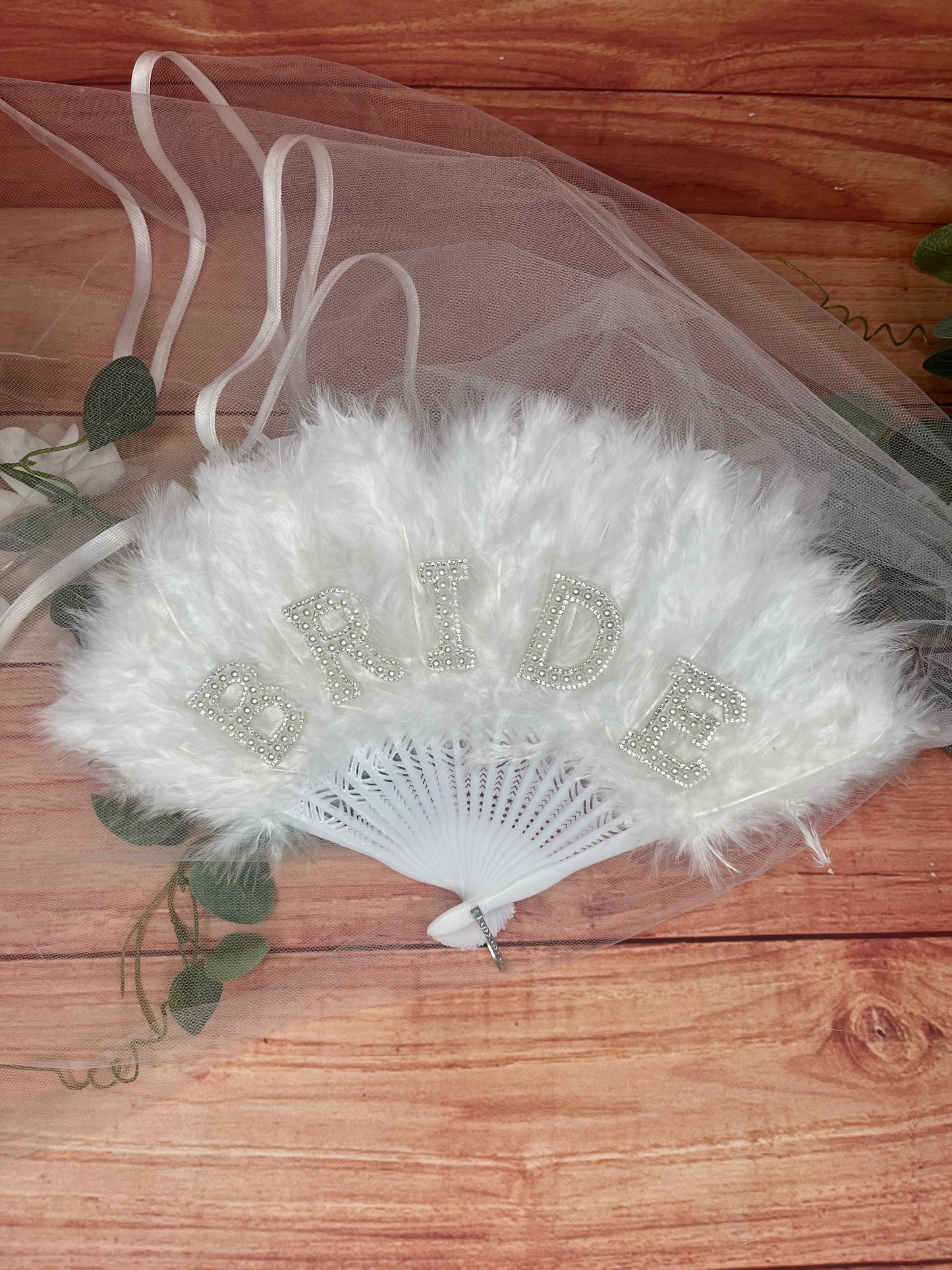 BRIDE WHITE  FEATHER FAN WITH FAUX CRYSTAL LETTERS