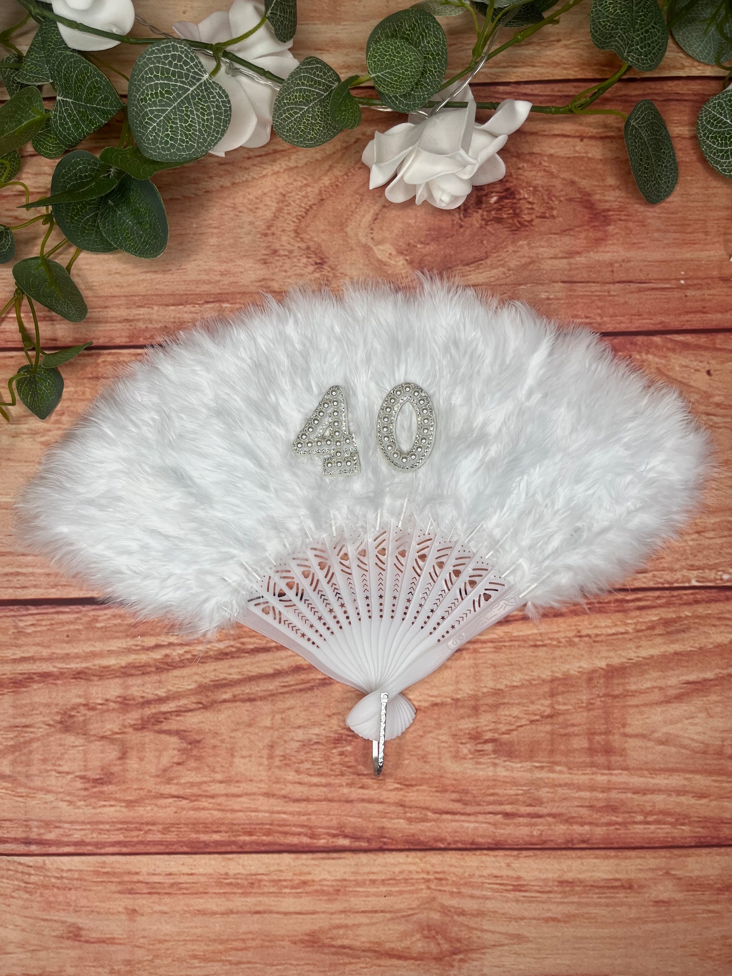 WHITE CUSTOM FEATHER FAN WITH FAUX CRYSTAL LETTERS