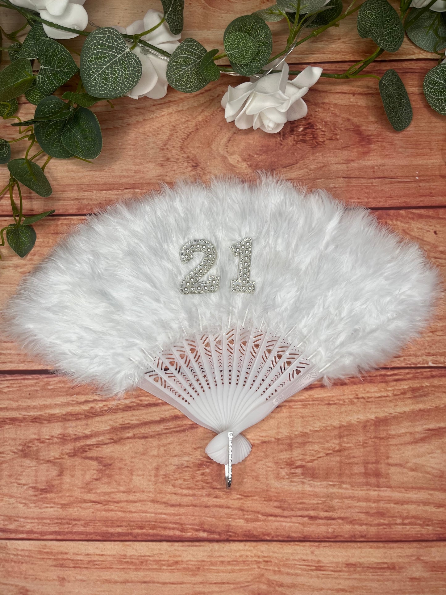 WHITE CUSTOM FEATHER FAN WITH FAUX CRYSTAL LETTERS