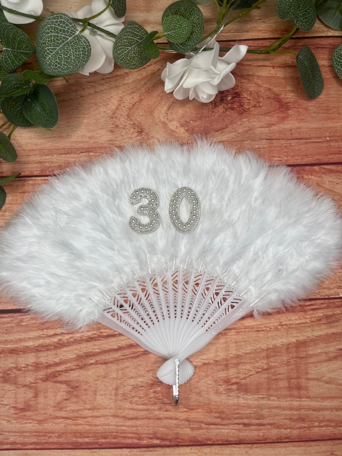 WHITE CUSTOM FEATHER FAN WITH FAUX CRYSTAL LETTERS