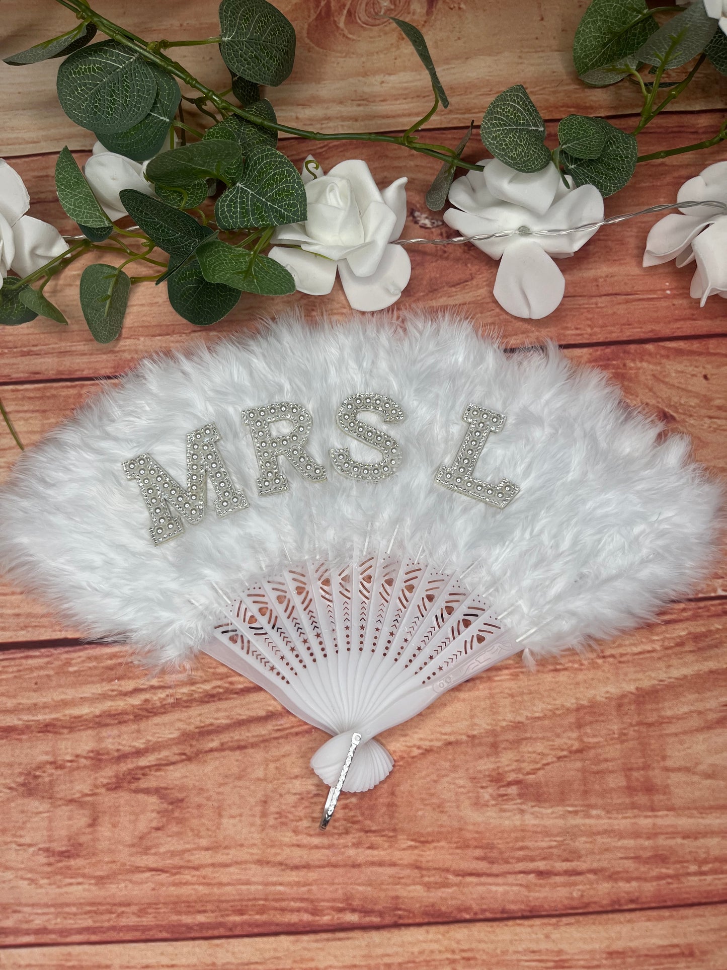 WHITE CUSTOM FEATHER FAN WITH FAUX CRYSTAL LETTERS