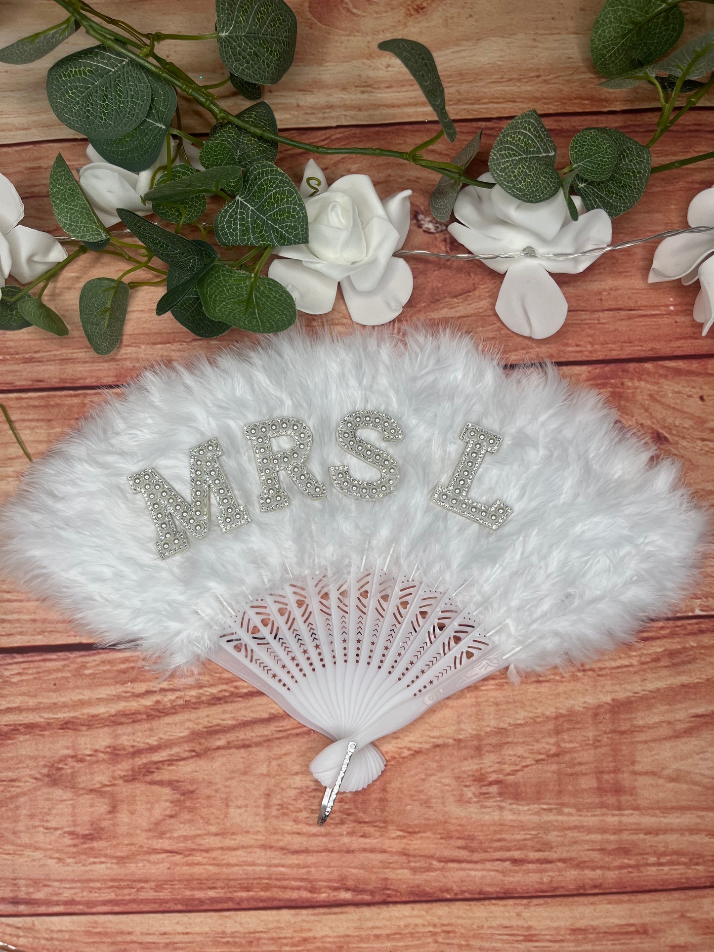 WHITE CUSTOM FEATHER FAN WITH FAUX CRYSTAL LETTERS