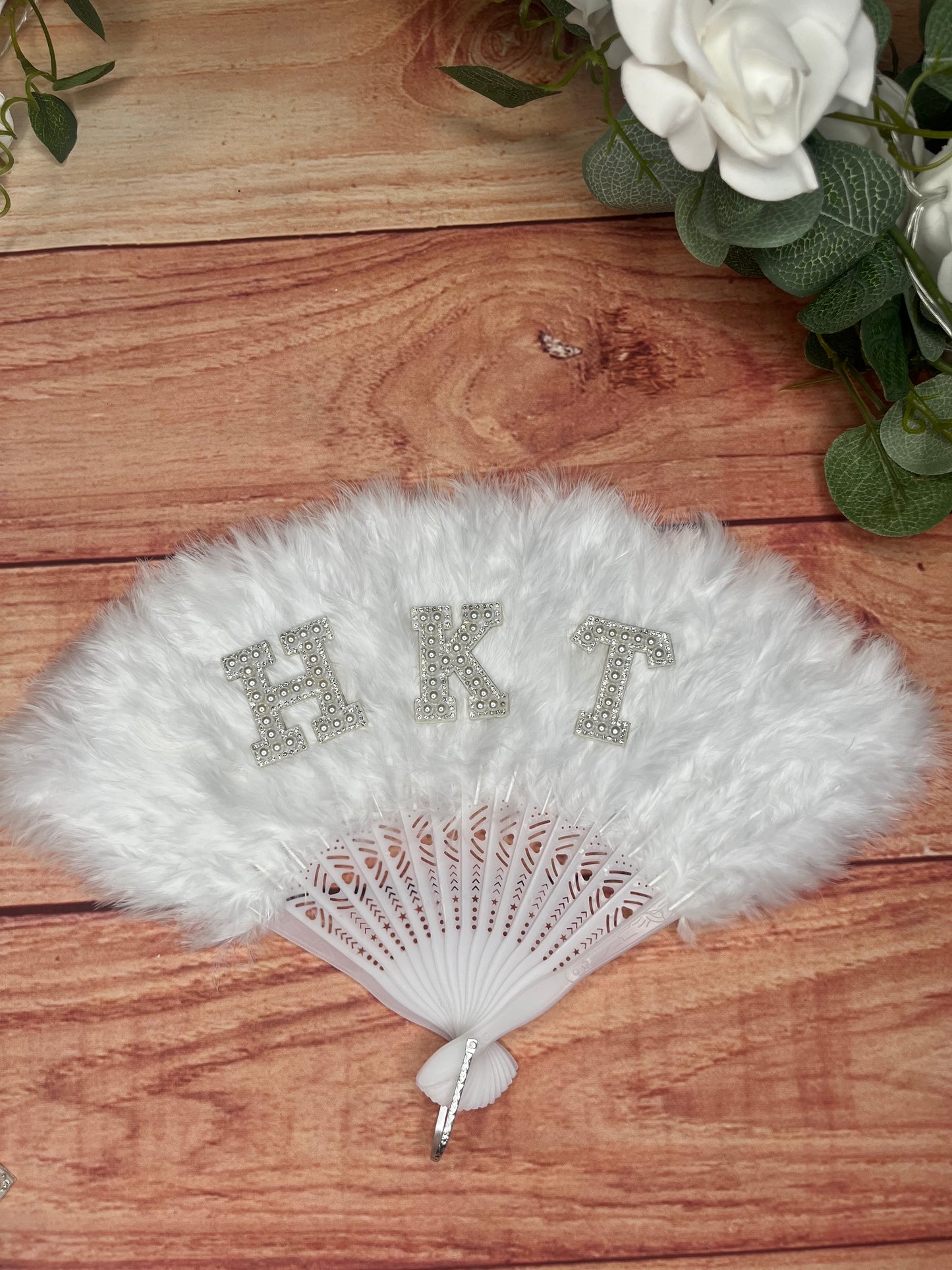 WHITE CUSTOM FEATHER FAN WITH FAUX CRYSTAL LETTERS