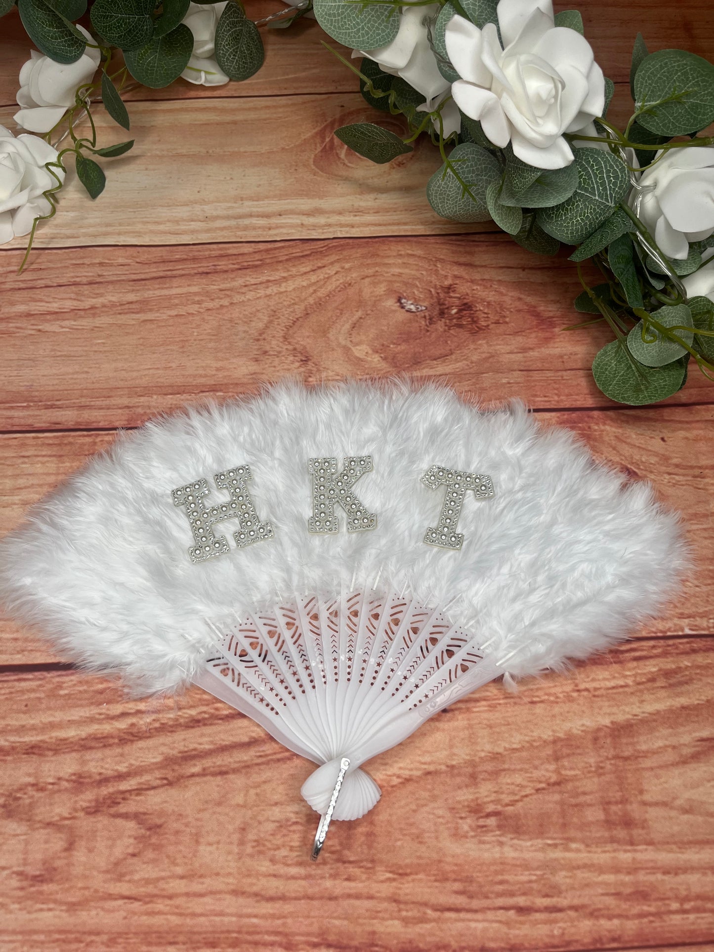 WHITE CUSTOM FEATHER FAN WITH FAUX CRYSTAL LETTERS