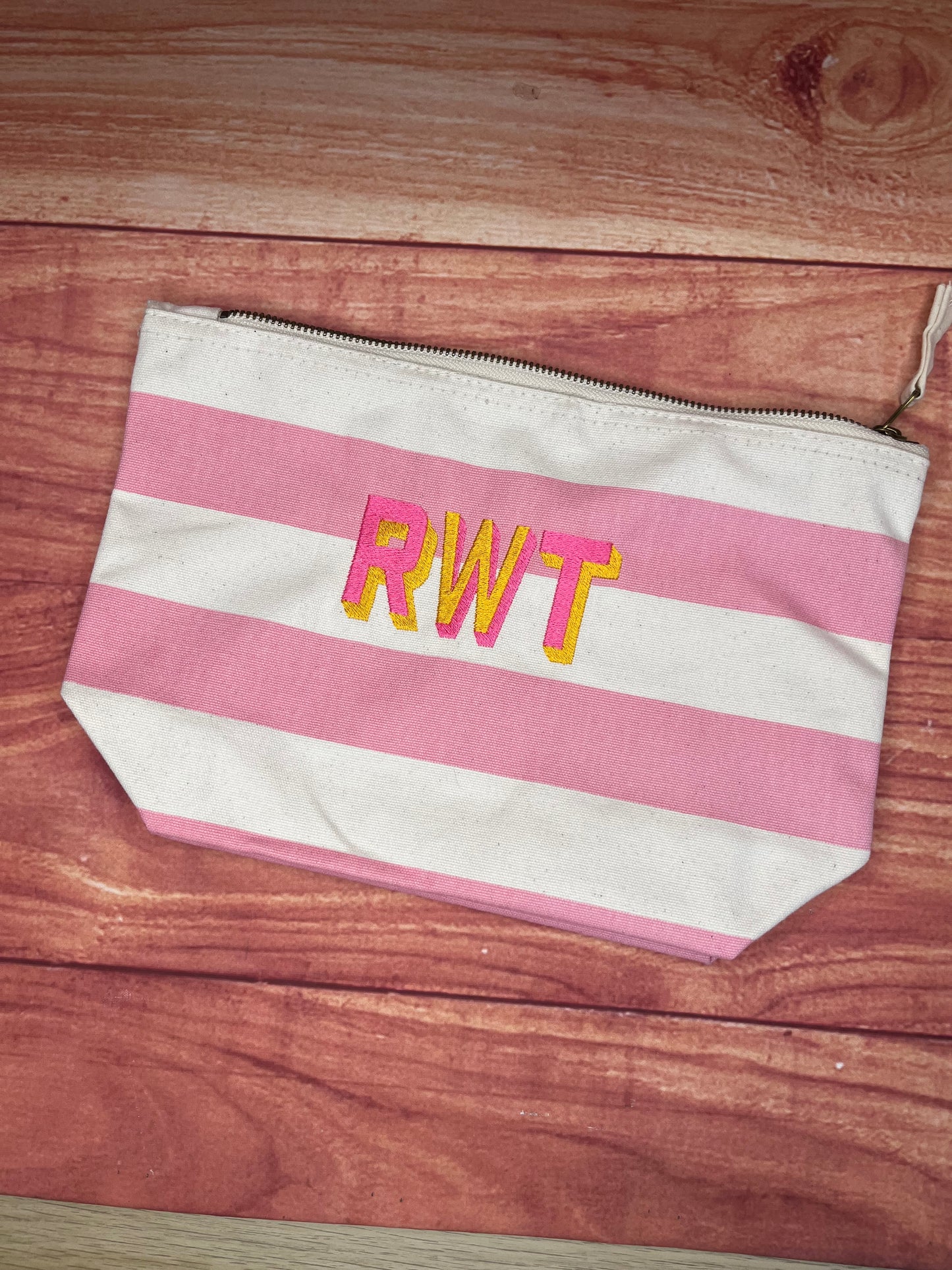 EMBROIDERED SHADOW FONT STRIPE CANVAS INITIAL POUCH