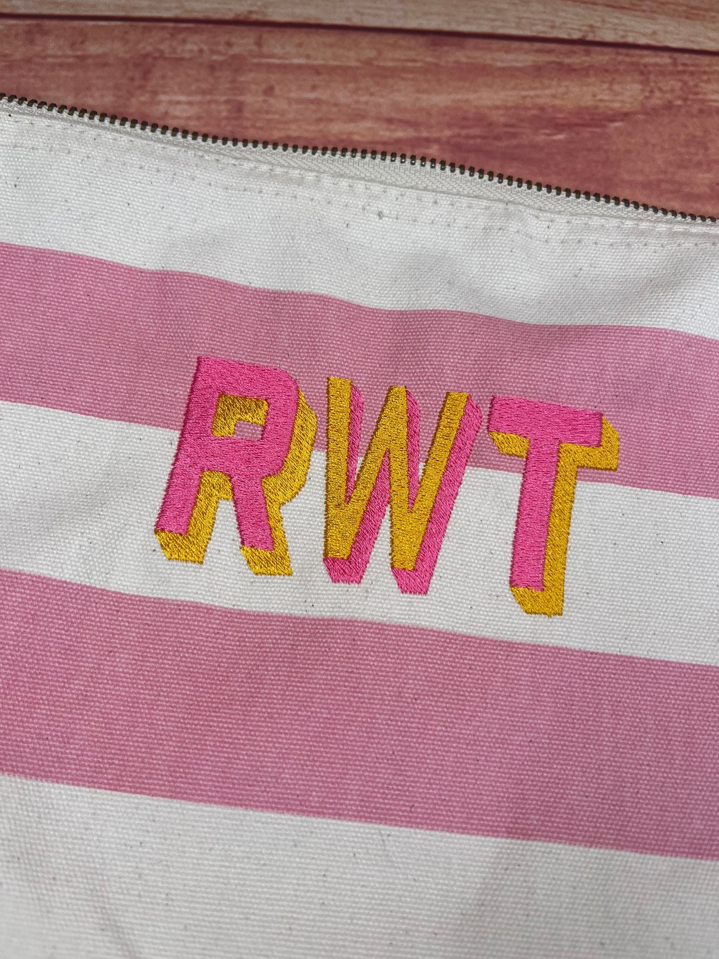 EMBROIDERED SHADOW FONT STRIPE CANVAS INITIAL POUCH