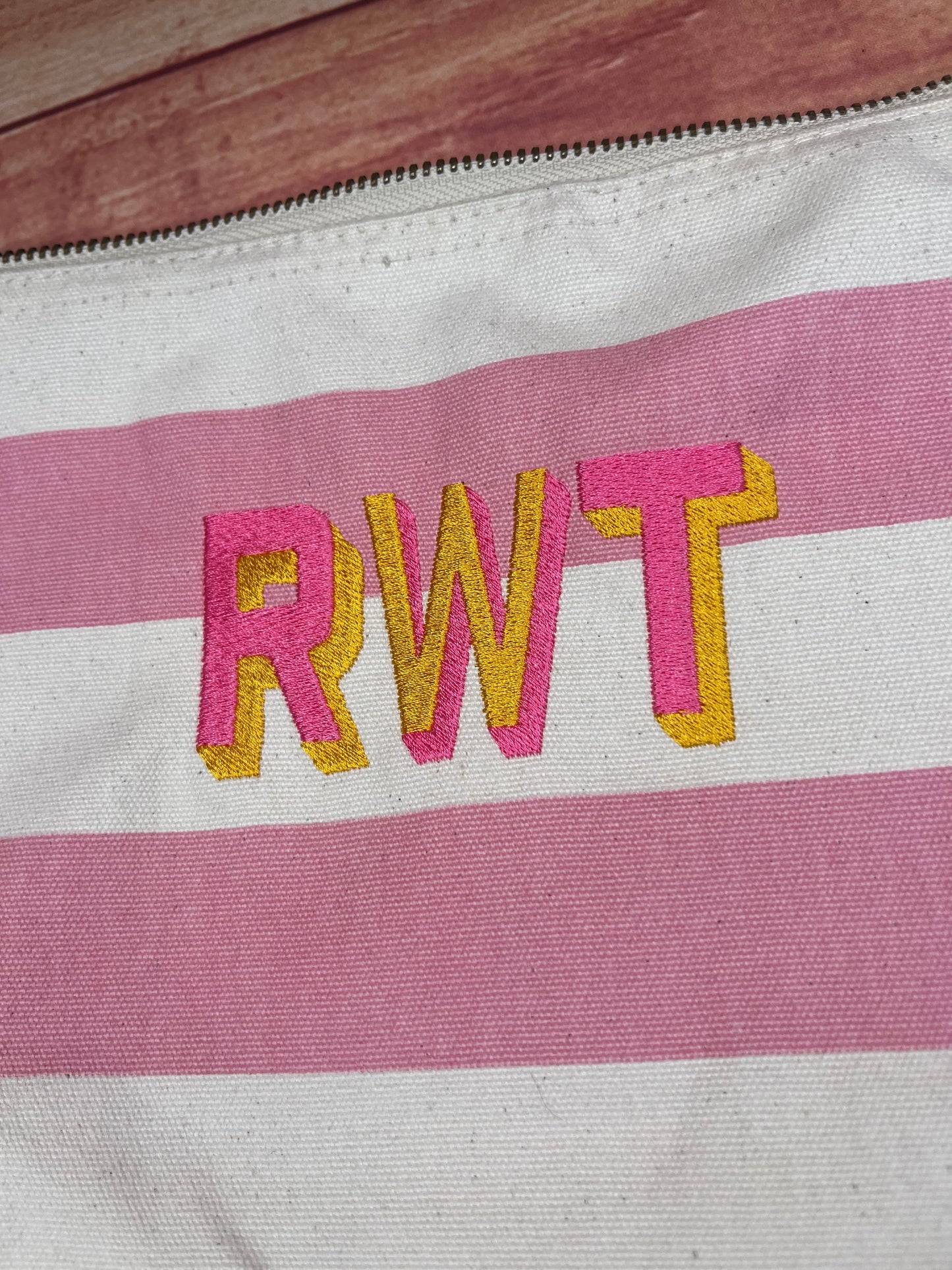 EMBROIDERED SHADOW FONT STRIPE CANVAS INITIAL POUCH