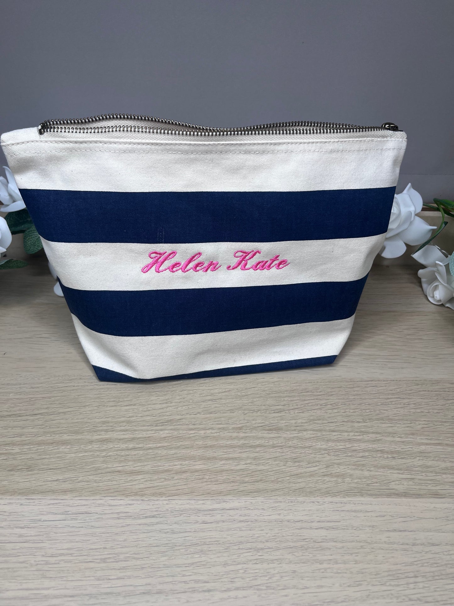 EMBROIDERED STRIPE CANVAS INITIAL POUCH