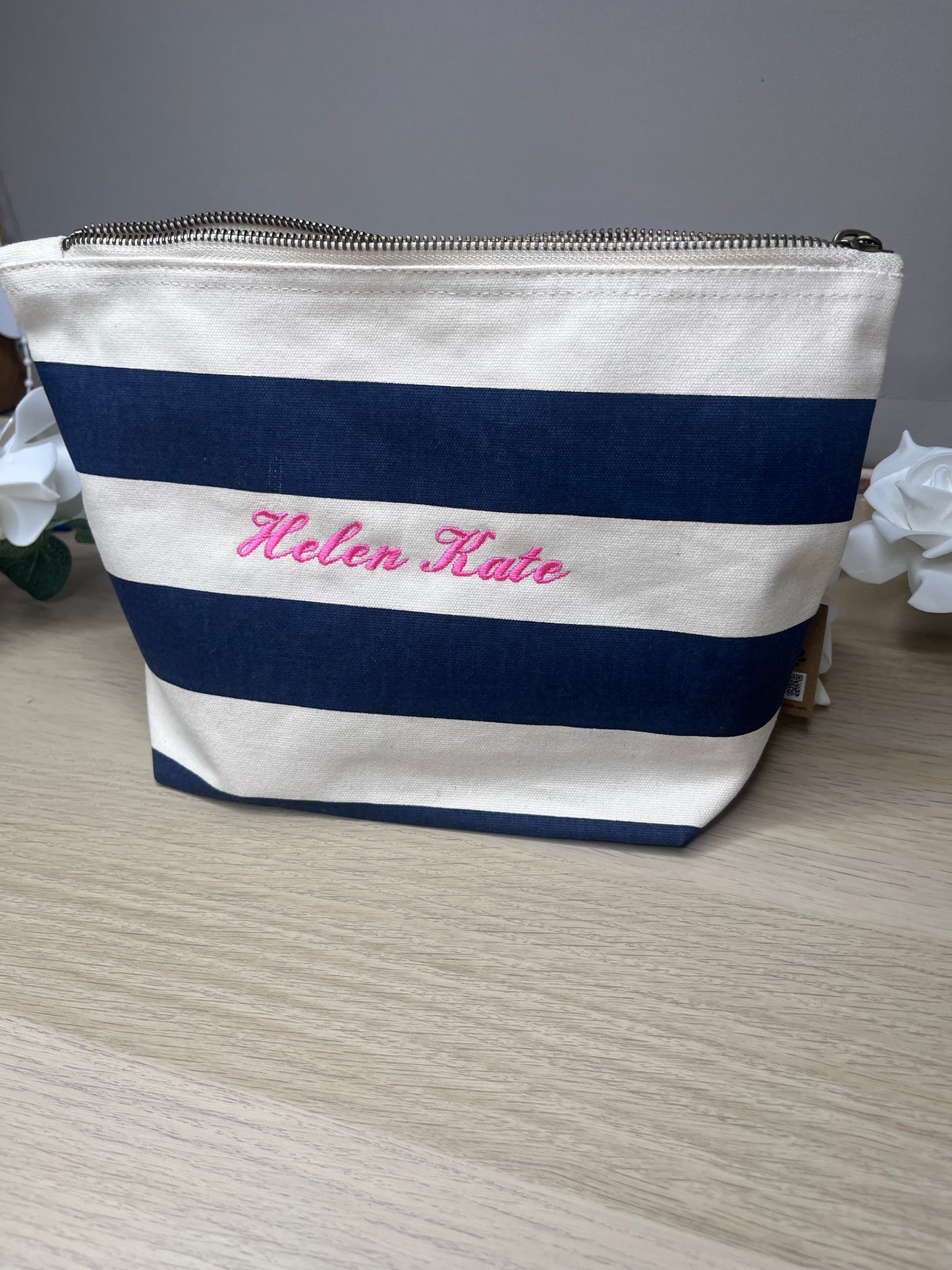 EMBROIDERED STRIPE CANVAS INITIAL POUCH