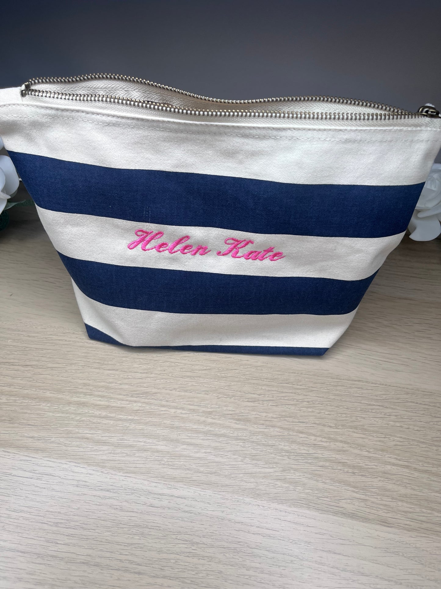 EMBROIDERED STRIPE CANVAS INITIAL POUCH