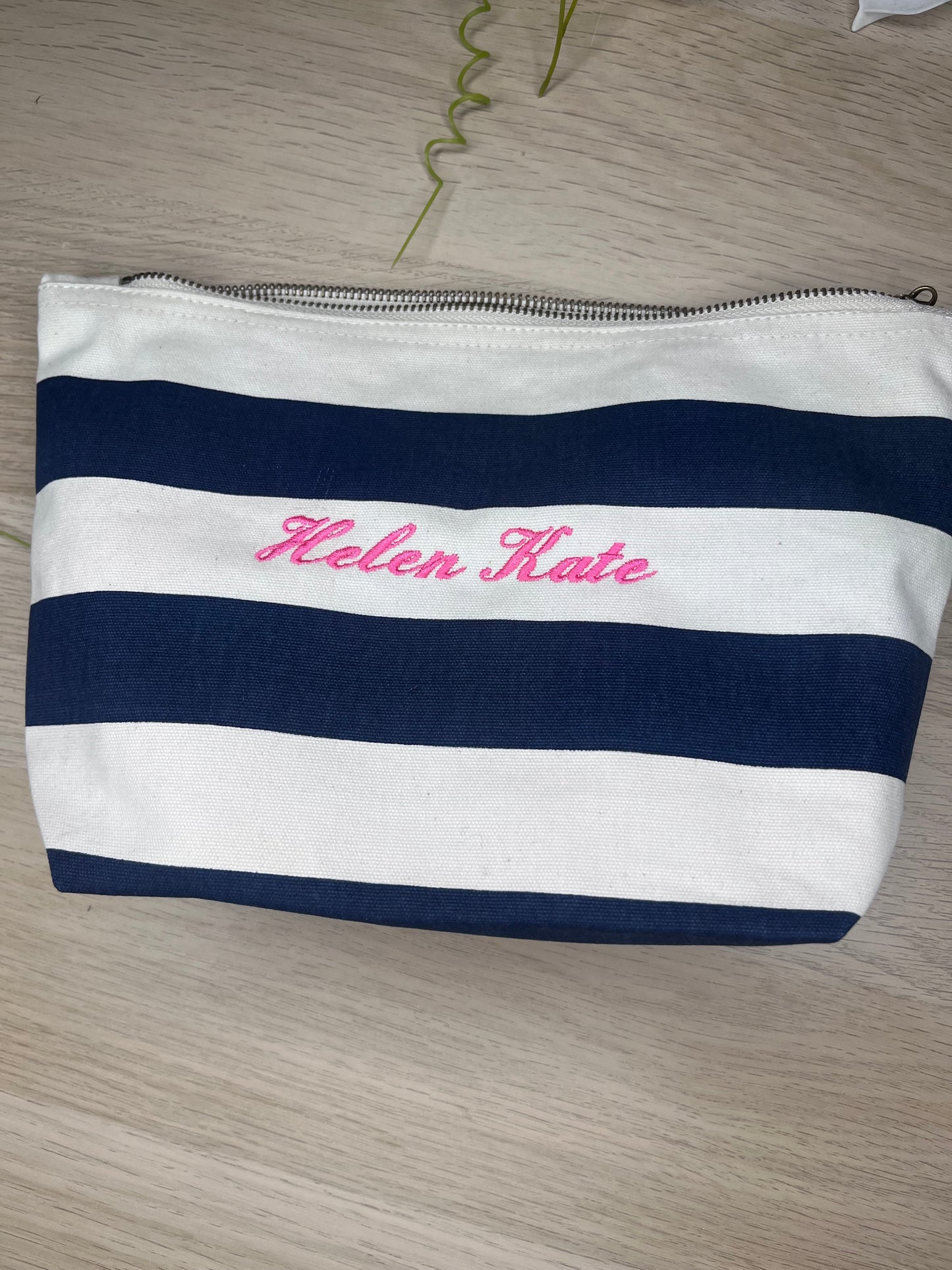 EMBROIDERED STRIPE CANVAS INITIAL POUCH