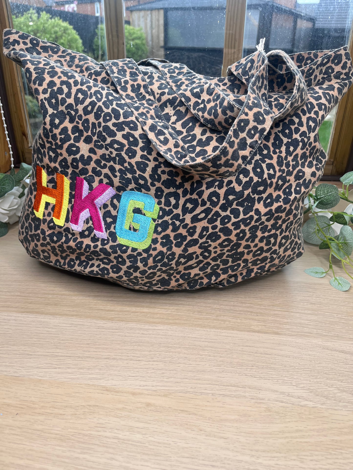 EMBROIDERED PERSONALISED LEOPARD PRINT CANVAS BAG MEDIUM