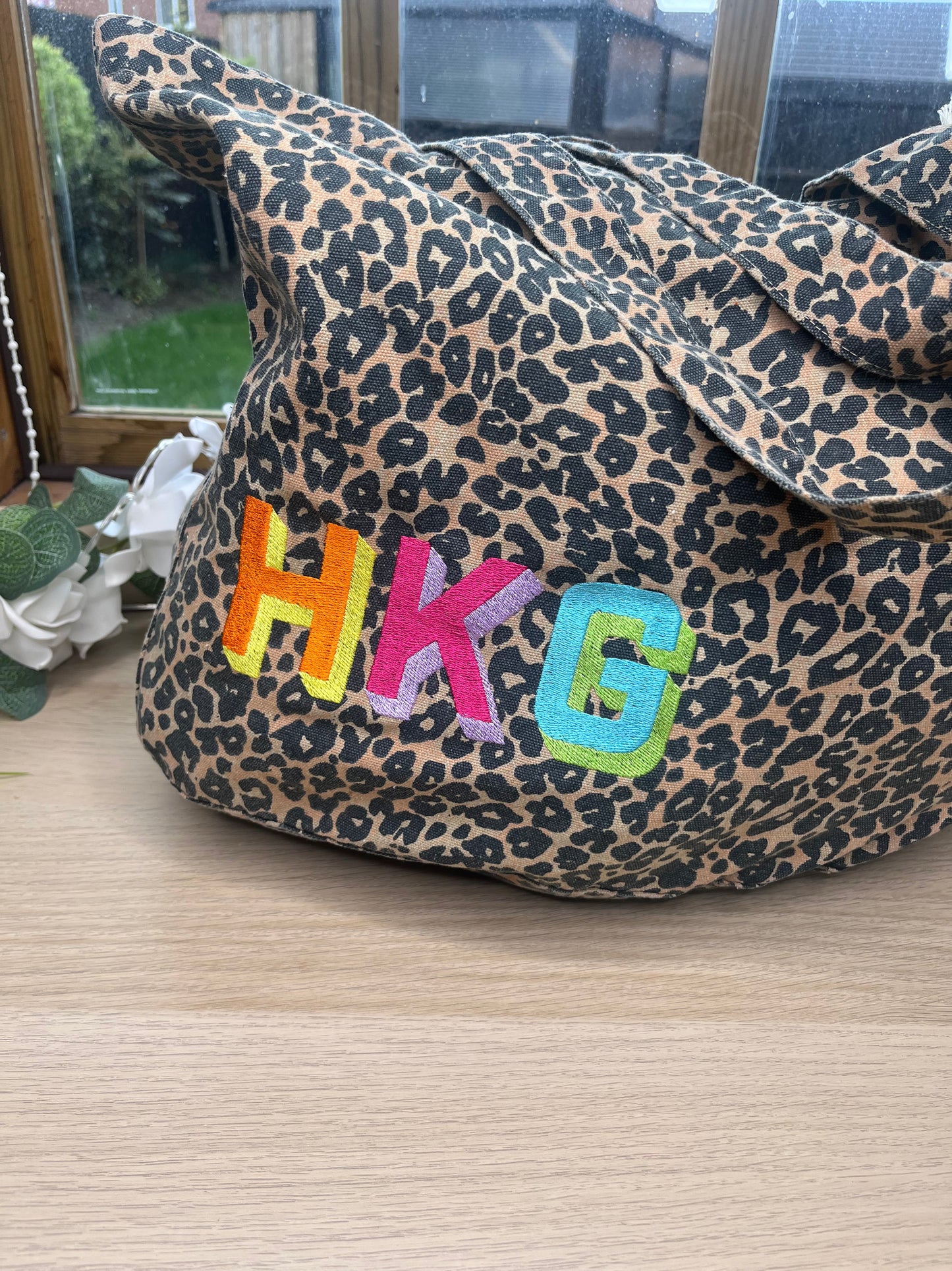 EMBROIDERED PERSONALISED LEOPARD PRINT CANVAS BAG MEDIUM