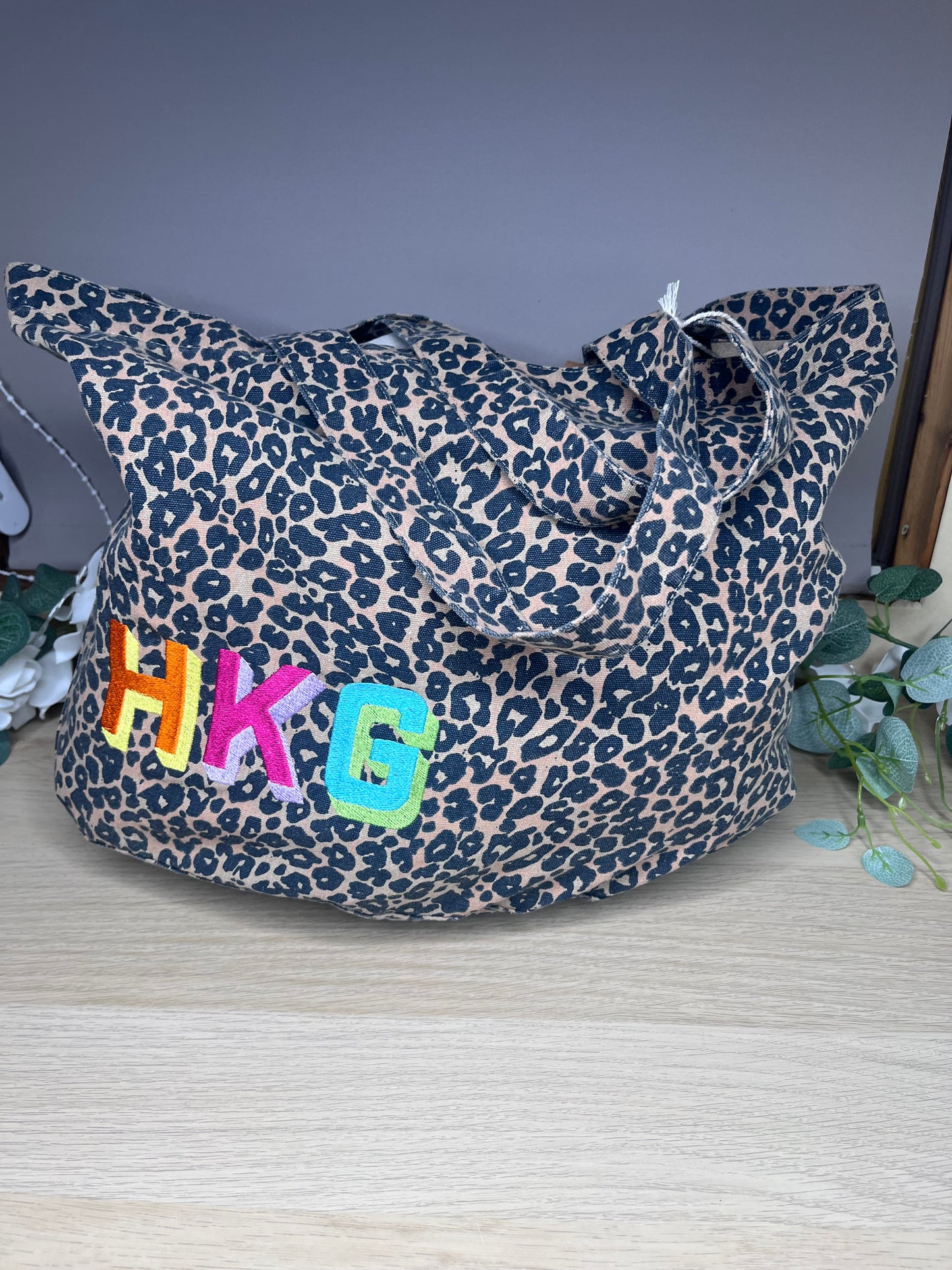 EMBROIDERED PERSONALISED LEOPARD PRINT CANVAS BAG MEDIUM