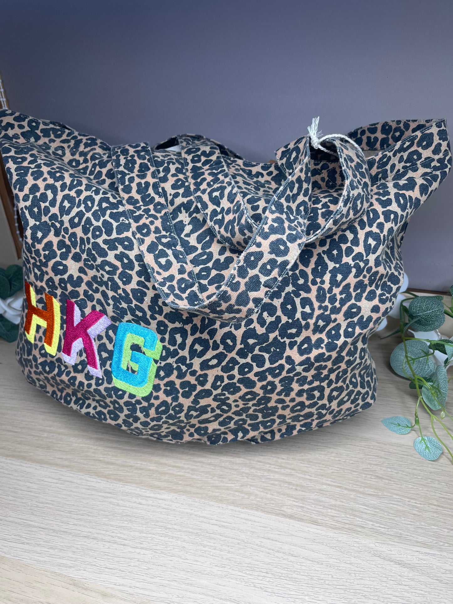 EMBROIDERED PERSONALISED LEOPARD PRINT CANVAS BAG MEDIUM