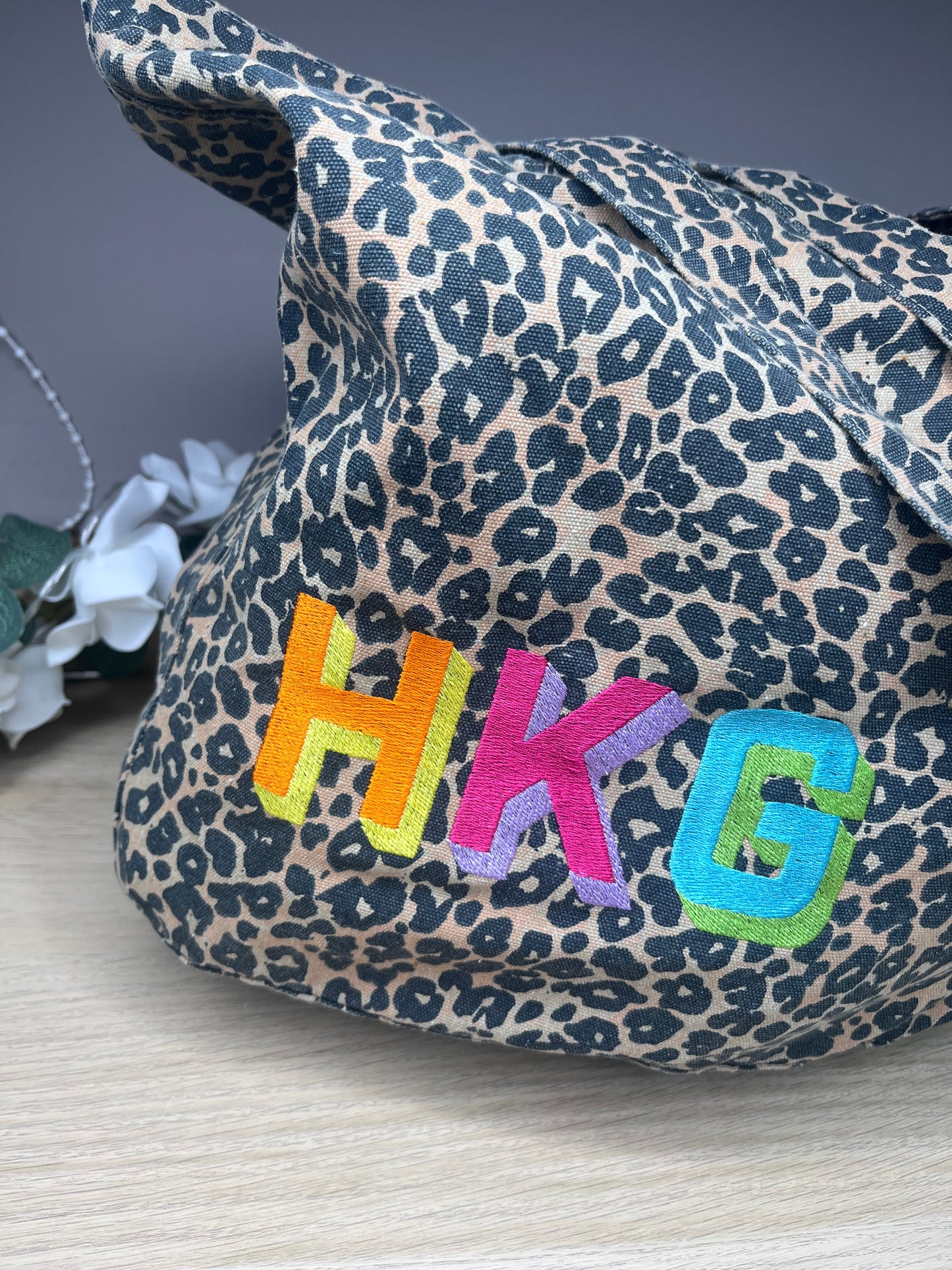 EMBROIDERED PERSONALISED LEOPARD PRINT CANVAS BAG MEDIUM