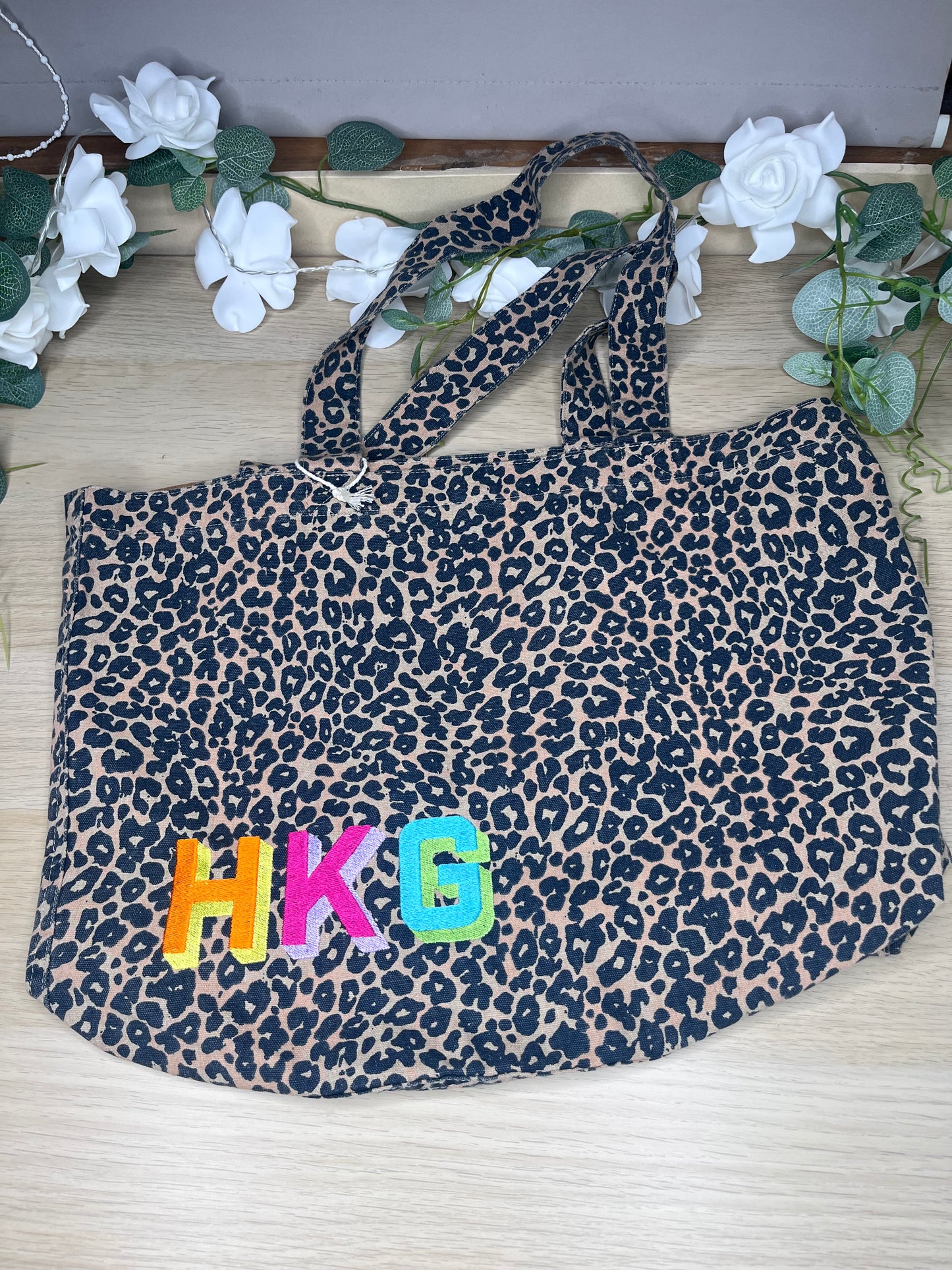 EMBROIDERED PERSONALISED LEOPARD PRINT CANVAS BAG MEDIUM