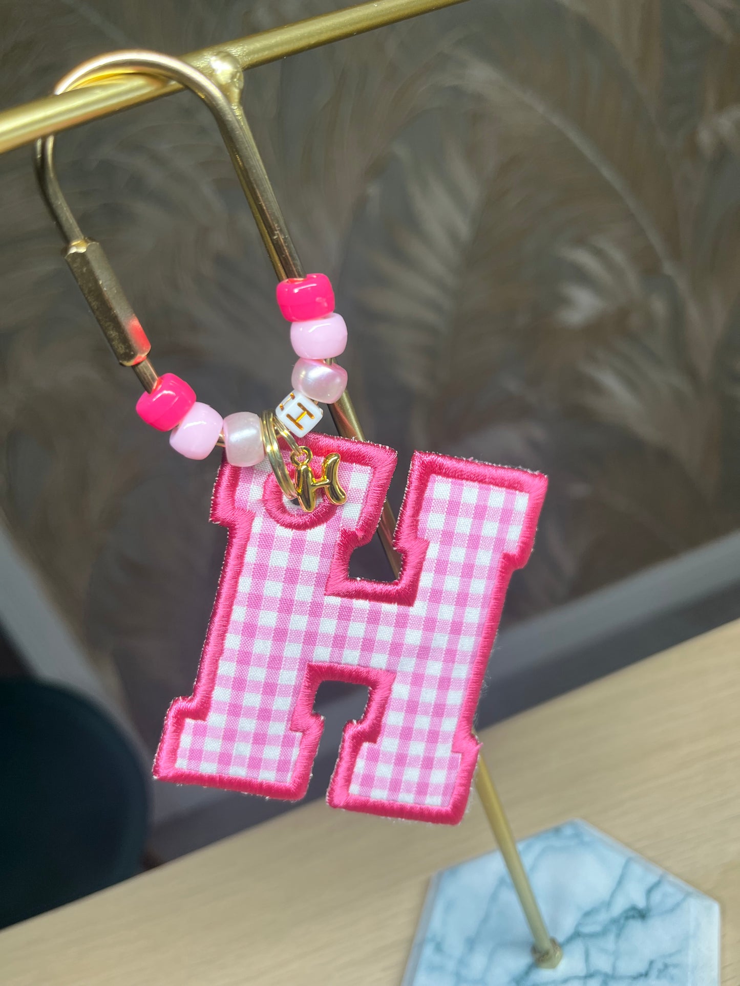 INITIAL GINGHAM BEAD KEYCHAIN BAGTAG