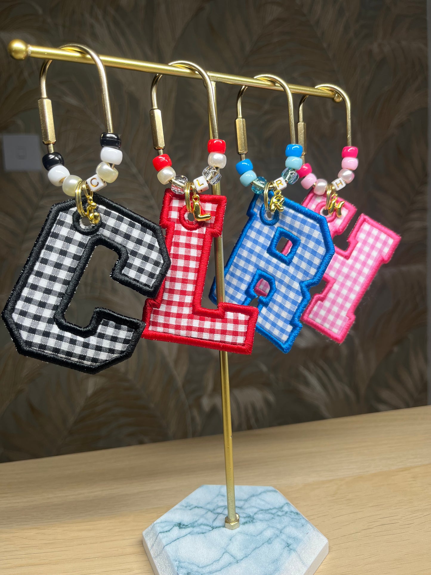 INITIAL GINGHAM BEAD KEYCHAIN BAGTAG