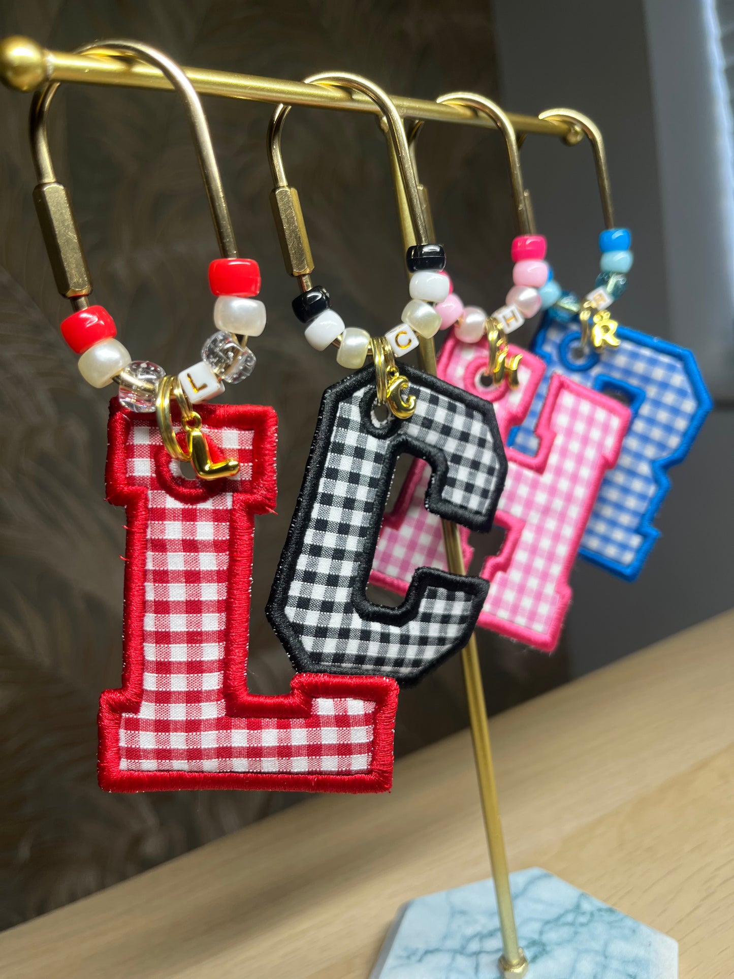 INITIAL GINGHAM BEAD KEYCHAIN BAGTAG