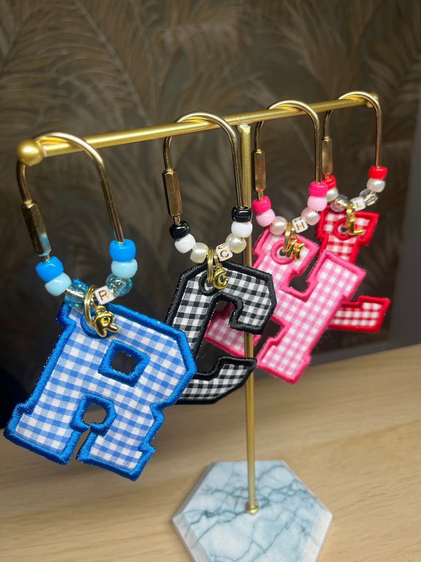 INITIAL GINGHAM BEAD KEYCHAIN BAGTAG