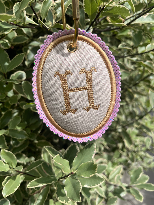 PADDED CUSTOM CROSS STITCH INITIAL BAG TAG KEY RING