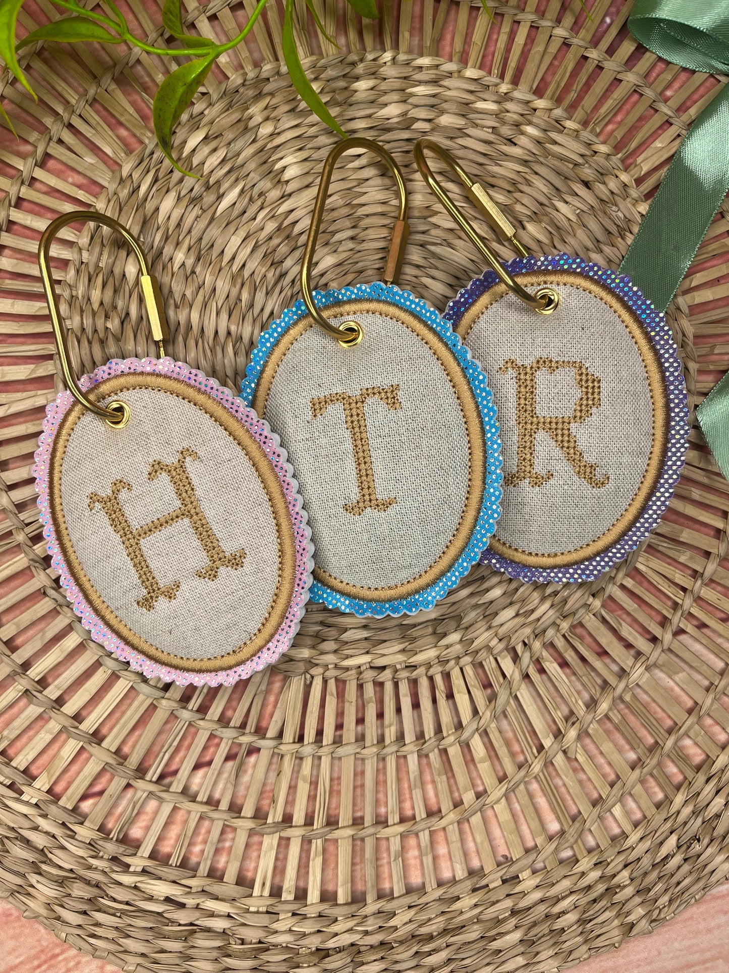 PADDED CUSTOM CROSS STITCH INITIAL BAG TAG KEY RING