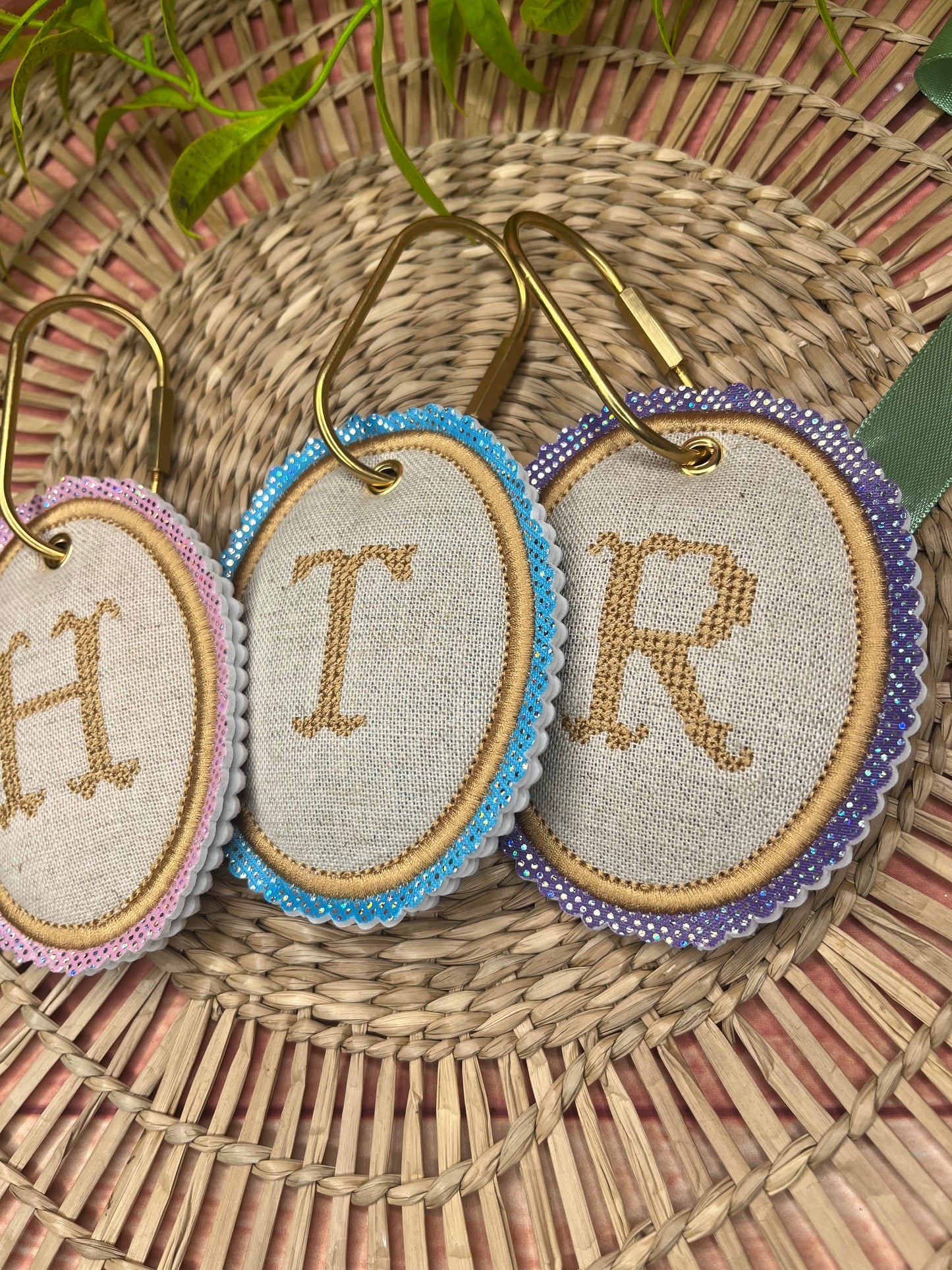 PADDED CUSTOM CROSS STITCH INITIAL BAG TAG KEY RING