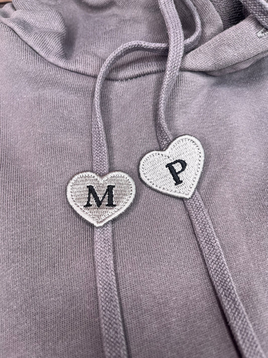 PERSONALISED EMBROIDERED HEART HOODIE CHARMS CUSTOM INITIALS FOR DRAWSTRINGS